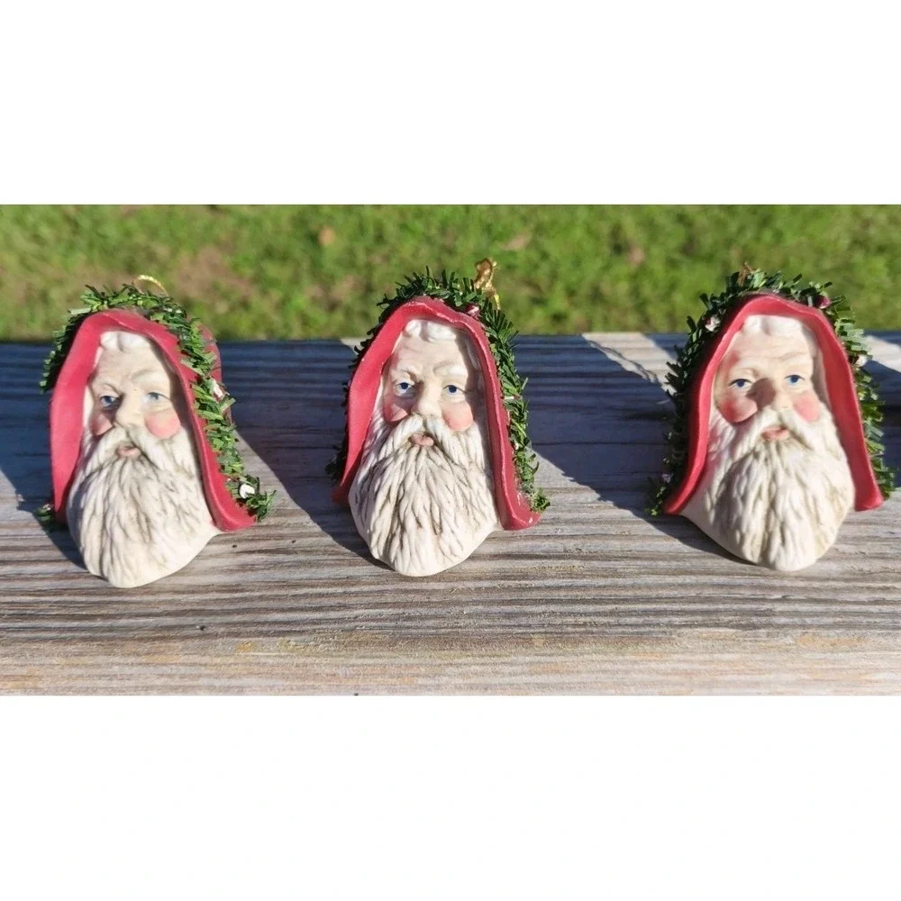 Vintage LOT Santa Claus‎ Head Christmas Ornament Ceramic Hand Painted.